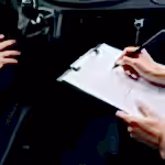 Close-up of a person writing on a clipboard inside a car, showing hands and a gear shift.